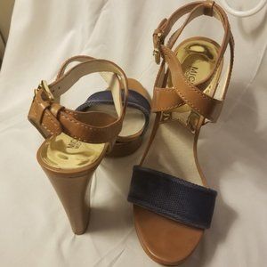 Michael Kors Tan leather and denim sandals 8-1/2